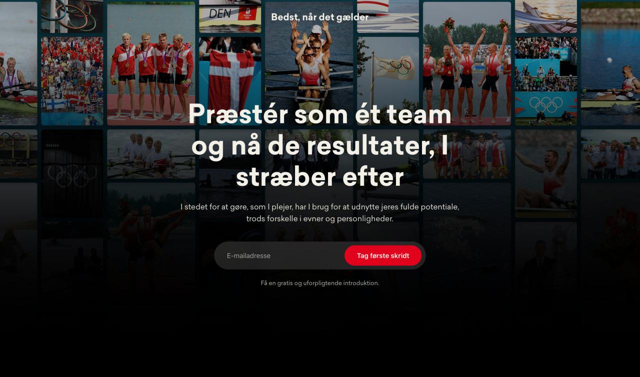 Landingpage med billedmosaik af danske OL-roere